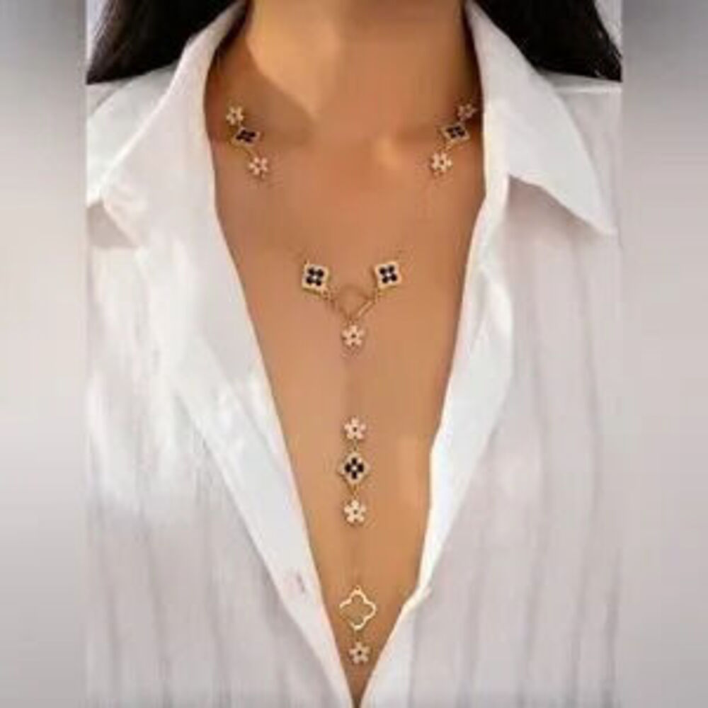 Gold Black Floral Lariat Necklace